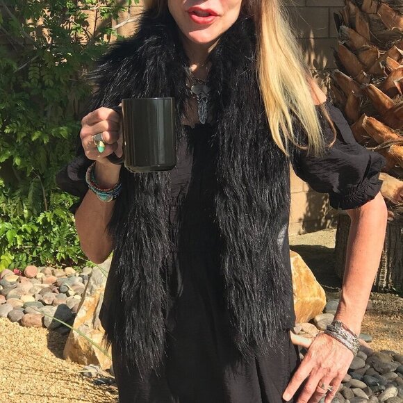 INC International Concepts Black Long Faux Fur Vest & Fabric Back to Layer  S - Picture 2 of 16